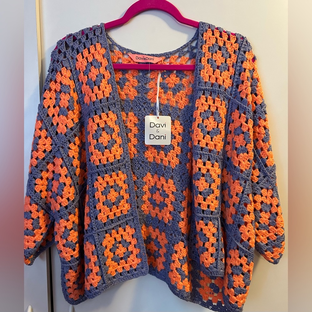 Open knit granny square crochet boho kimono cardigan